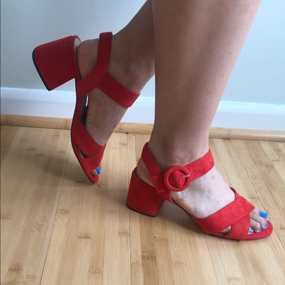 J. Crew red heeled suede sandals